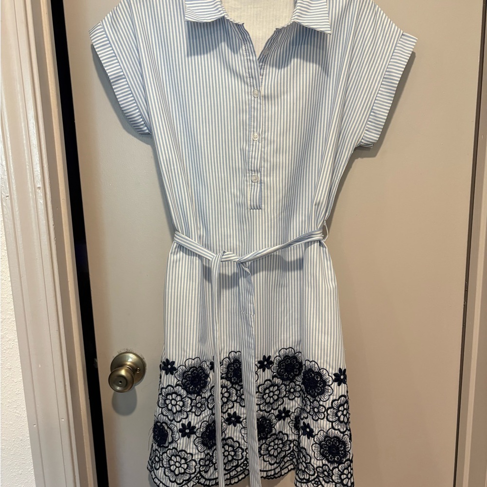 Jade Light Blue & White Striped Mini Dress with Navy Floral Hem